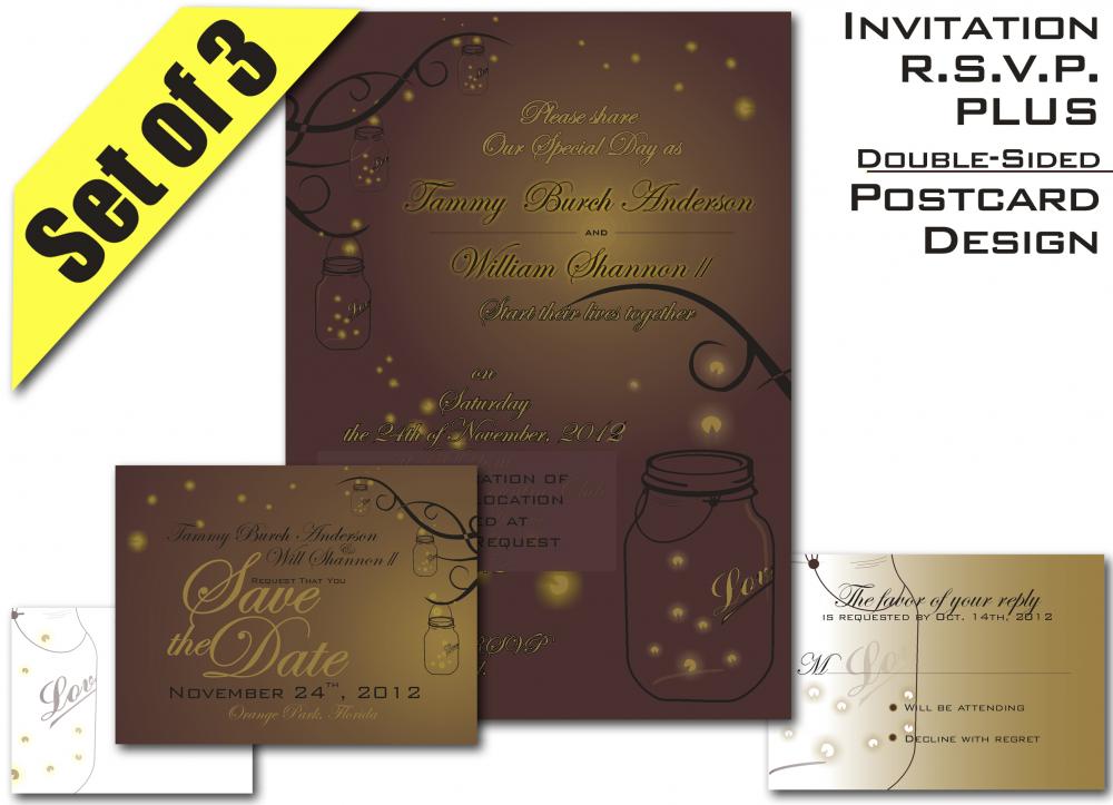 Mason Jar Fireflies Wedding Suite Invitation RSVP and SavetheDate Digital